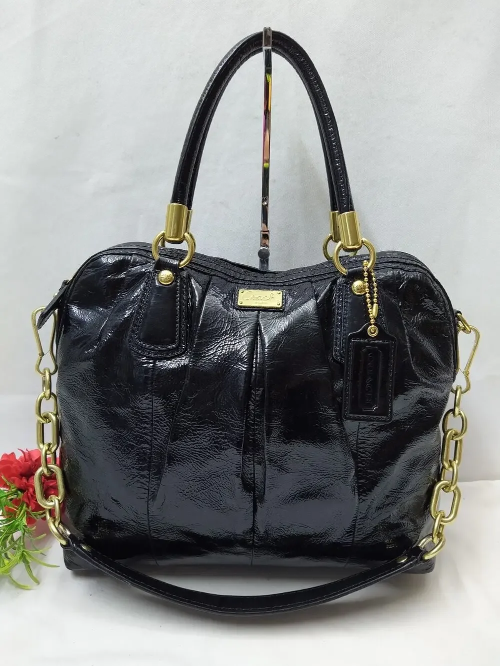 Coach Black Patent Leather Chain Strap Top Handle Satchel Shoulder Bag